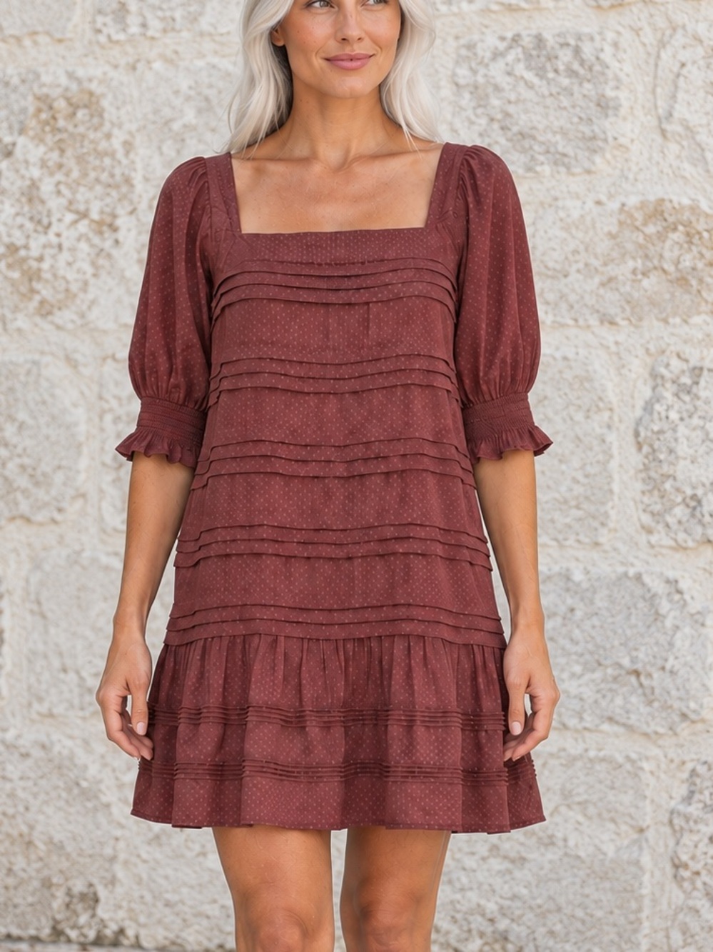 Saltwater Luxe Steph Dusty Rose Square Neck Pintuck Puff Sleeve Mini Dress